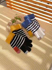 kissyouths 条纹休闲涤纶保暖手套，男女通用户外休闲手套，时尚秋冬手套 - 彩色 - 查看 7