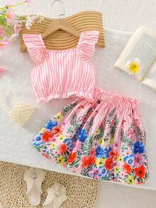 2pcs Young Girls Summer Outfit: Floral & Stripe Print Flutter Sleeve Button Decor Top And Floral Printed + Solid Color Sleeveless A-Line Skirt Set - Pink - View 2