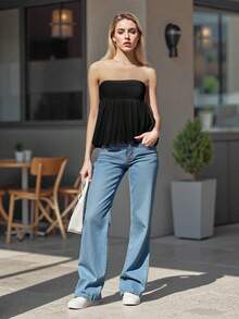 Women Cotton Strapless Bandeau Tube Top Ruffle Hem Off Shoulder Sleeveless Pleated Peplum Blouse Flowy Casual Going Out Tanks - màu đen - Xem 5