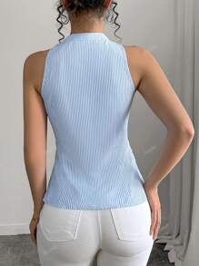 Blue & White Striped Sleeveless Ruffle Waist Business Casual Slim Fit Blouse For Women