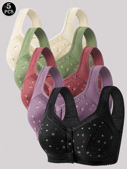 5pcs/Pack Floral Pattern Wireless Front Closure Bras, Comfortable & Breathable Women's Lingerie