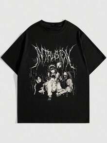 ROMWE MEN Anime Men's Cartoon Character & Letter Print Round Neck Short Sleeve T-Shirt, School - màu đen - Xem 1