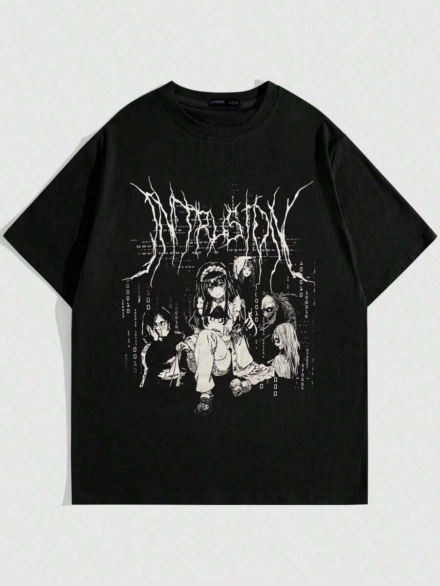 ROMWE MEN Anime Men's Cartoon Character & Letter Print Round Neck Short Sleeve T-Shirt, School - màu đen - Xem 1