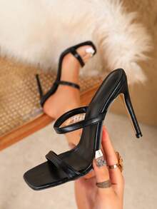 性感时尚绑带穆勒鞋方头细高跟休闲百搭黑色高跟凉鞋，适合女士春夏穿搭 - 黑色 - 查看 5