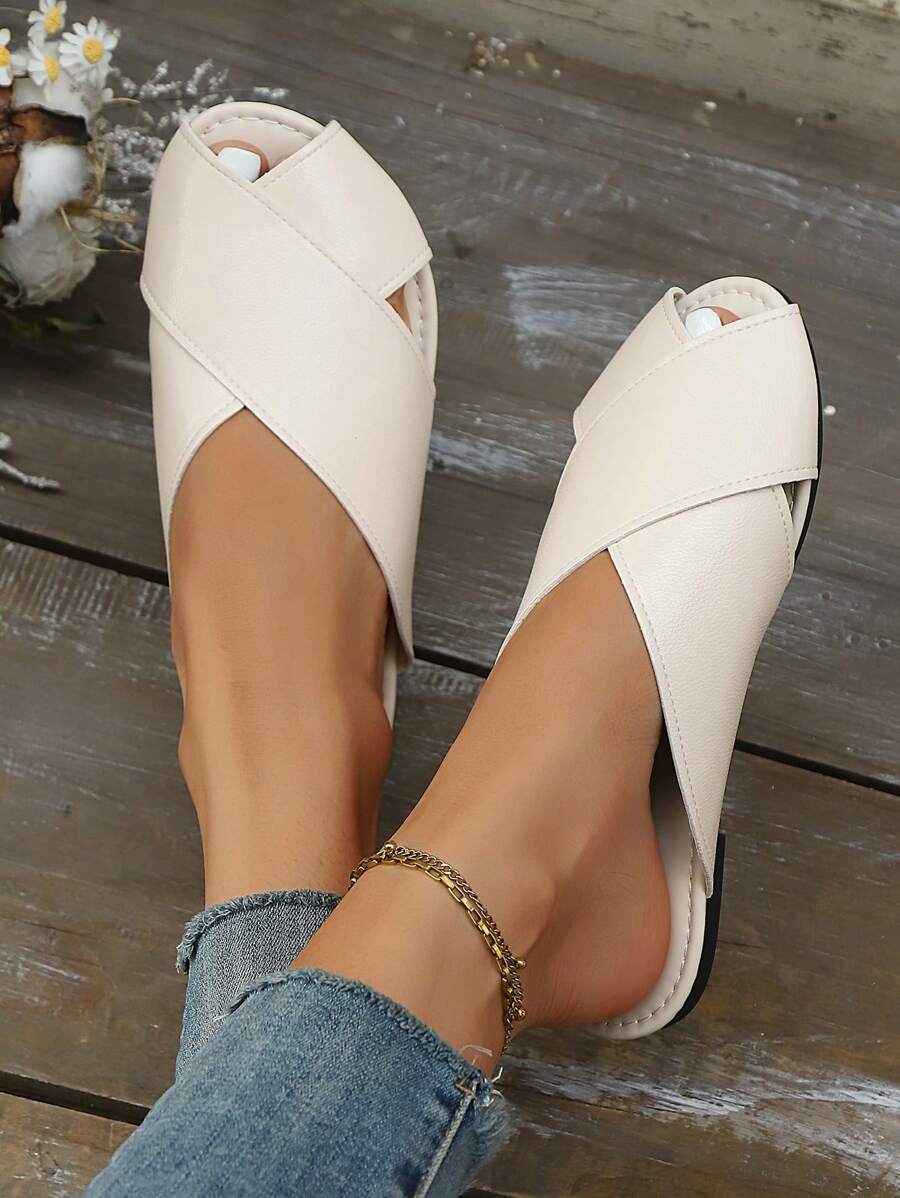 New Ladies Cross-Strap Flat Casual Versatile Black Comfortable Slippers, Solid Color Simple Elegant Ladies Flat Sandals For Dating