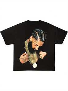 Camiseta de algodón extragrande, camiseta de cuello redondo 100% algodón con famoso estampado  Nip Hustle, estilo de ropa urbana casual, comodidad para todas las estaciones, transpirable y que absorbe la humedad, ajuste regular - negra, manga corta, pijamas, ropa de noche ultra suave, camiseta de moda imprescindible - Negro - Ver 2