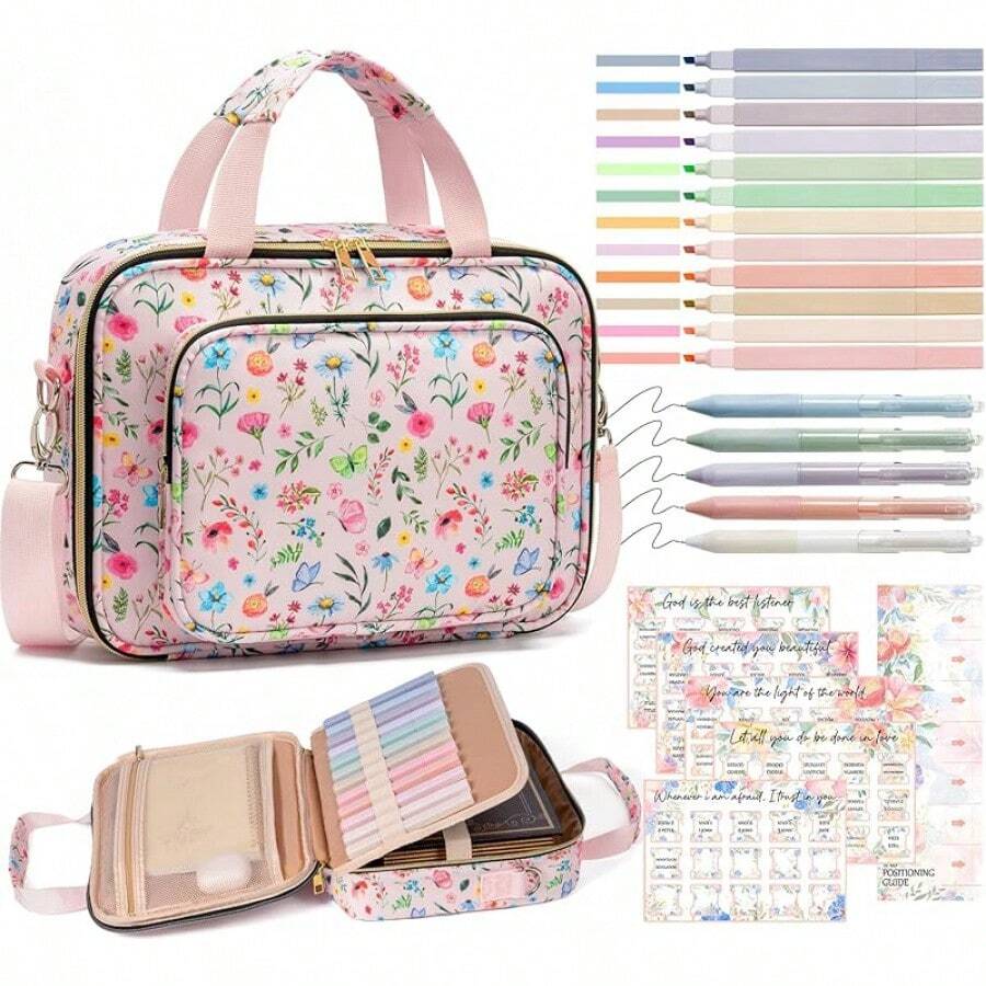 Bible Cover Women Bible, Large Bible Bag/Shoulder Strap, Bible Study Supplies Bible Journaling Kit Pink Book Carrying With Bible Highlighters, Mothers Day Christian Gifts Women2025 - 淺粉色 - 查看 1