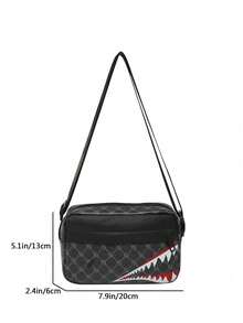 1 pezzo Borsa a tracolla casual da uomo con motivo geometrico stampato in PU nero liscio e zip, di design alla moda piccolo quadrato, borsa messenger con motivo a bocca di squalo aziendale