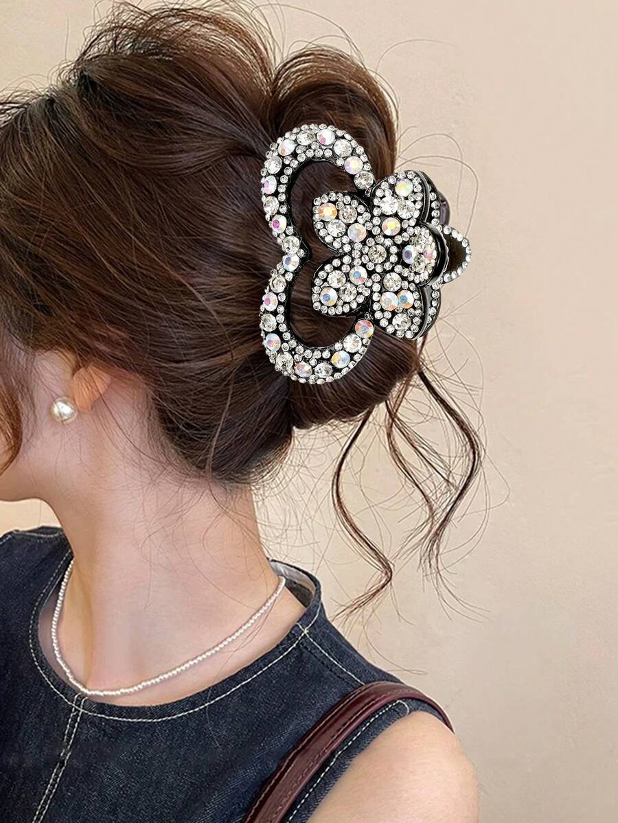1 Peça Elegante e Doce Flor Totalmente Encrustada de Strass e Asa de Borboleta Grampo de Cabelo Acrílico de Moda Acessórios de Cabelo Grampo de Flor Elegante Clipe de Cabelo Outono Inverno para Looks de Férias Mulher