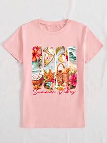 DEAR MOLLY 夏季海滩主题印花圆领短袖T恤，适合派对、聚会及各种场合，四季皆宜，是送给妈妈的理想礼物。 - 粉色 - 查看 5