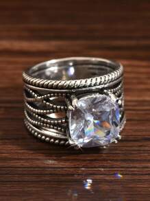 1 Stück Bohemian Stil vintage silberfarbener kubischer Zirkonia Ring für Damen, Verlobungsring für den täglichen Gebrauch