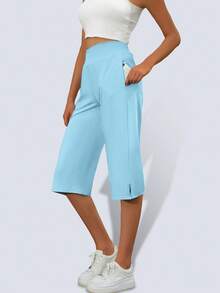 女士休闲户外运动裤，夏季新款纯色透气高弹舒适七分裤，采用弹性面料，交叉腰带设计，适合街头、网球、休闲慢跑等场合。 - 藍色 - 查看 3