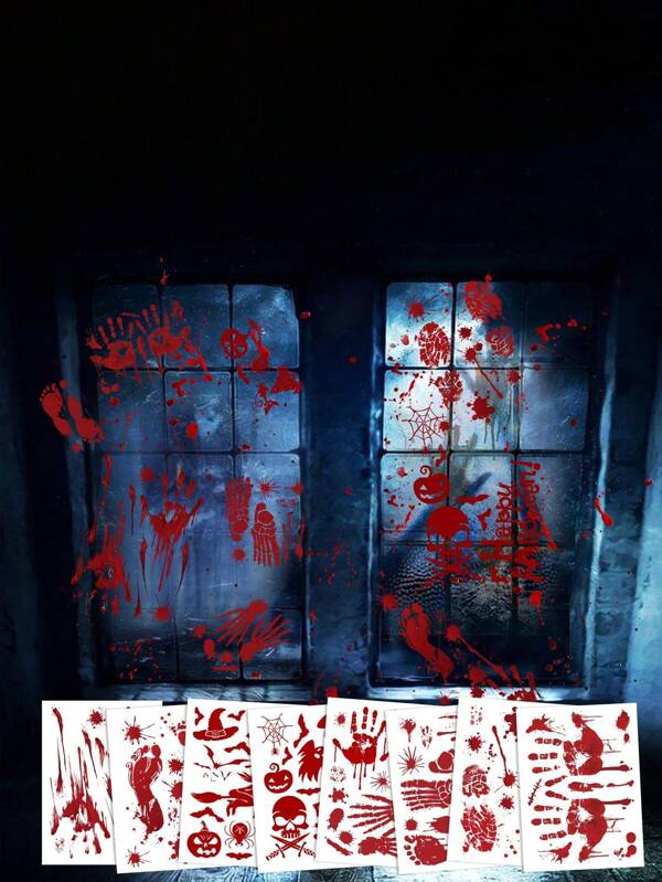 4 PIEZAS Decoraciones de Halloween, Pegatinas de pared de huellas de manos y pies con manchas de sangre de Halloween, Pegatinas de ventana con huellas de mano de terror para decoración de Halloween, adecuadas para fiestas de Halloween, fiestas con tema de terror, decoración navideña
