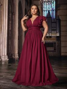 QOQ 浪漫纯色加大码女式礼服伴娘晚礼服适合婚礼、生日派对、正式活动 V 领荷叶边袖礼服 - 酒紅色 - 查看 5