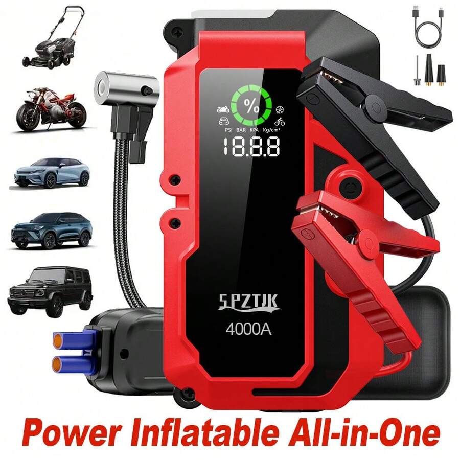 SPZTJK 4000A Portable Wireless Car Air Compressor Jump Starter With Air Compressor, Battery Jump Starter Portable Peak, Car Battery Charger Portable For12V(8.0LGas/1.72gal Crude Oil Engine) Start The Car Quickly, USB Input/Output, LED Emergency, Car Accessories Tools - Red - View 1