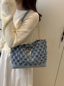 Denim Tote Bag For Women, 2020-2025 New Fashion Large Capacity One Shoulder Bag, Casual Commuter Bag With Frayed Edges