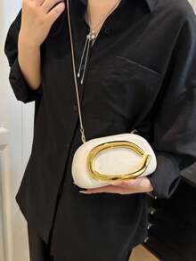 独特设计高端金属细节装饰盒状手拿包，新款女士晚宴包，适合派对、宴会、舞会、时尚链条单肩包/斜挎包、化妆包、手机包和零钱包 - 白色 - 查看 5