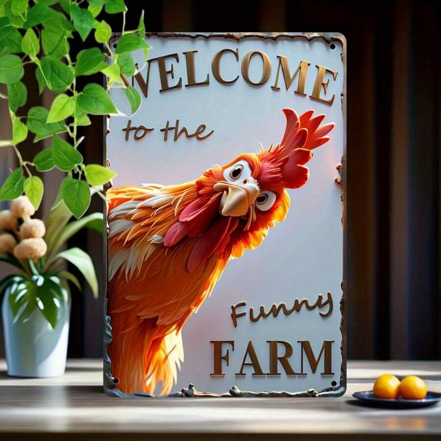 2D Flach - 1 Stück Vintage Bauernhof Hahn Metallschild für Außenzaun, "Willkommen auf dem witzigen Bauernhof", Retro 20x30 cm Wandkunst Schild 2D Flach, geeignet zum Dekorieren von Bauernhofzugängen, Gartenhöfen, witziges Geschenk für Bauern, wasserdicht, rostfrei