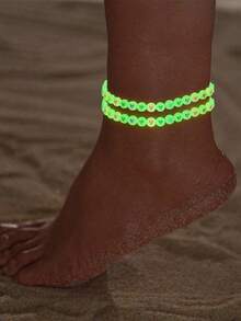 2pcs/Set Girls Neon Green Heart-Shaped Beaded Anklet Set - Multicolor - View 1