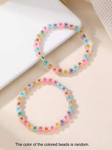 2pcs/Set Girls Neon Green Heart-Shaped Beaded Anklet Set - Multicolor - View 3