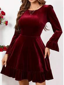 Elegant Velvet A-Line Mini Dress, Ruffle Hem, Long Sleeve, Round Neck, Suitable For Party Occasions