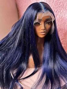 13X4 Blue Lace Front Long & Straight Human Hair Wigs Pre Plucked Hairline With Baby Hair Unprocessed Virgin Brazilian Human Hair Wigs Blue Color Wig For Women Halloween Costumes