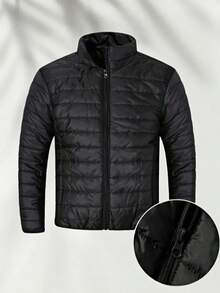 男士长袖棉质加厚冬装外套，纯色立领休闲摩托车外套，轻便保暖，户外休闲旅行上衣，适合秋冬季穿着 - 黑色 - 查看 1