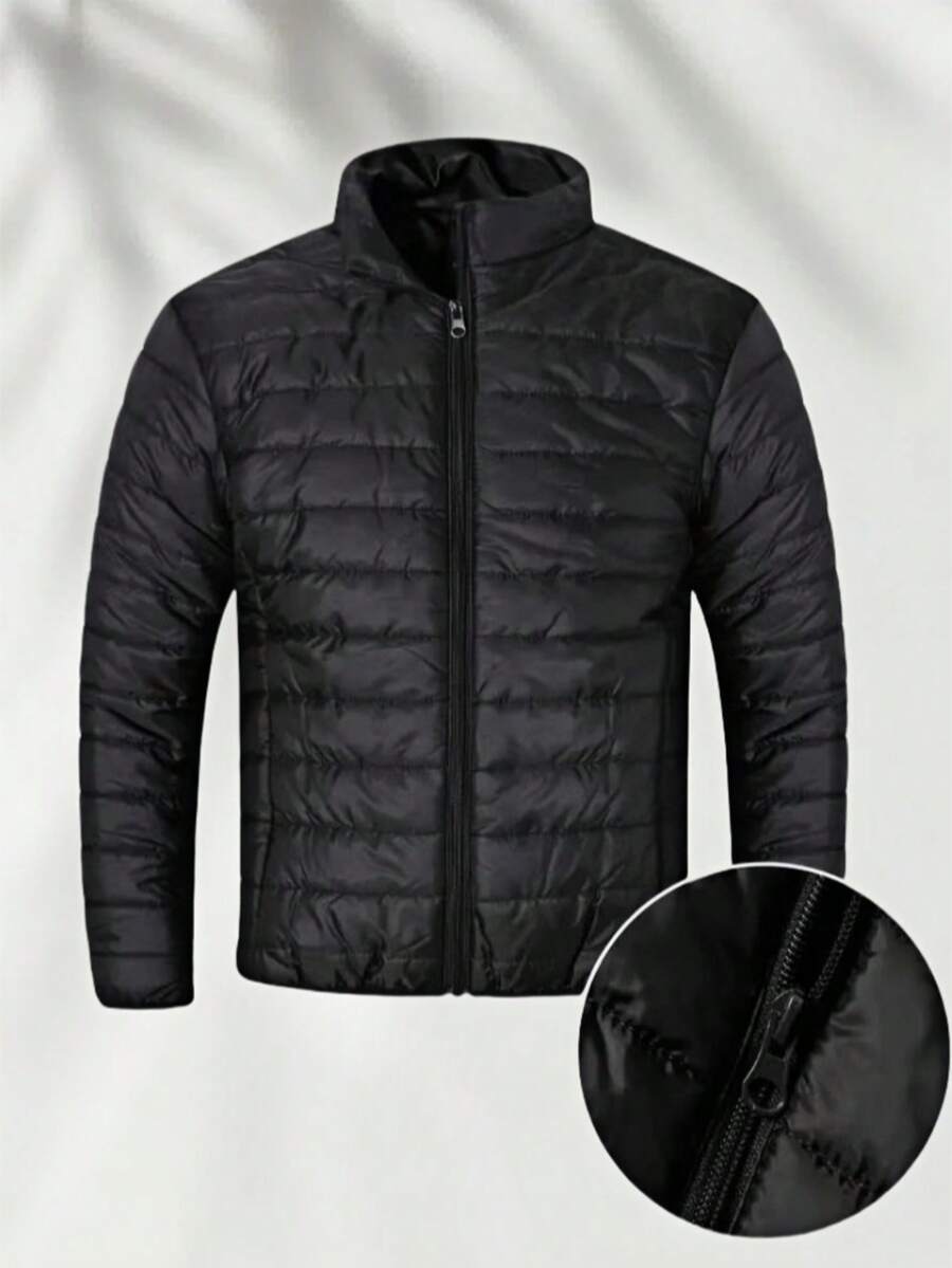 男士长袖棉质加厚冬装外套，纯色立领休闲摩托车外套，轻便保暖，户外休闲旅行上衣，适合秋冬季穿着 - 黑色 - 查看 1