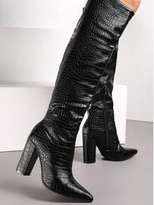 Moda feminina textura de jacaré bico fino moda botas de salto alto - Preto - Ver 3
