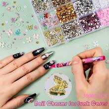 10000pcs Nail Charms And Gems: Pink Cute Bow Heart 3D Flower Charms For Junk Cases Kit; Gold Chunky Butterfly Charms For Nails Design, Small Diamond Rhinestones For Nails; Beads Pearls For Nails Art - 15 Grids-a - View 2
