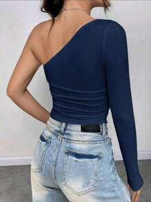 Women's Cropped Top T-Shirt Blouse With One-Shoulder Neckline Suplex Fabric Ideal For Going Out On Casual Romantic Elegant And Sophisticated Dates - 藏蓝色 - 查看 4