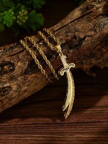 Holy Glory: Ali's Sword Retro Gold Chain - Islamic Civilization Collection Men's Necklace Arabian Legend - Ibn Abi Talib Sword Shaped Retro Men's Neck Ornament (Carved With Meteorite Patterns) Sword Retro Pendant Necklace - Gold - View 4
