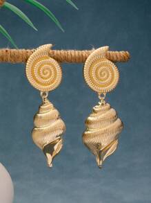 1 Pair Gold Metal Sea Shell Earrings, Vintage Style Fashion Jewelry For Women, Summer Beach