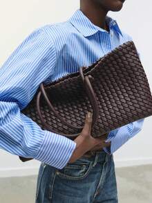 [Women's Shoulder Bag] WOVEN TOTE BAG, Fashionable Top Handle Bag, Solid Color Simple Shoulder Bag, Women's Handbags Luxury Design For Everyday Style - Burgundy - View 4