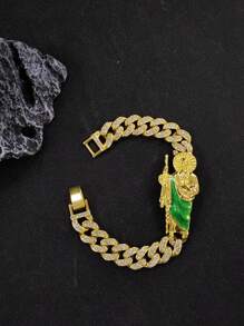 1pc Rotatable Jesus Pendant Necklace + 1pc Green Oil Drop Jesus Bracelet Set, Stylish Hip Hop Gift For Men, Suitable For Daily Wear