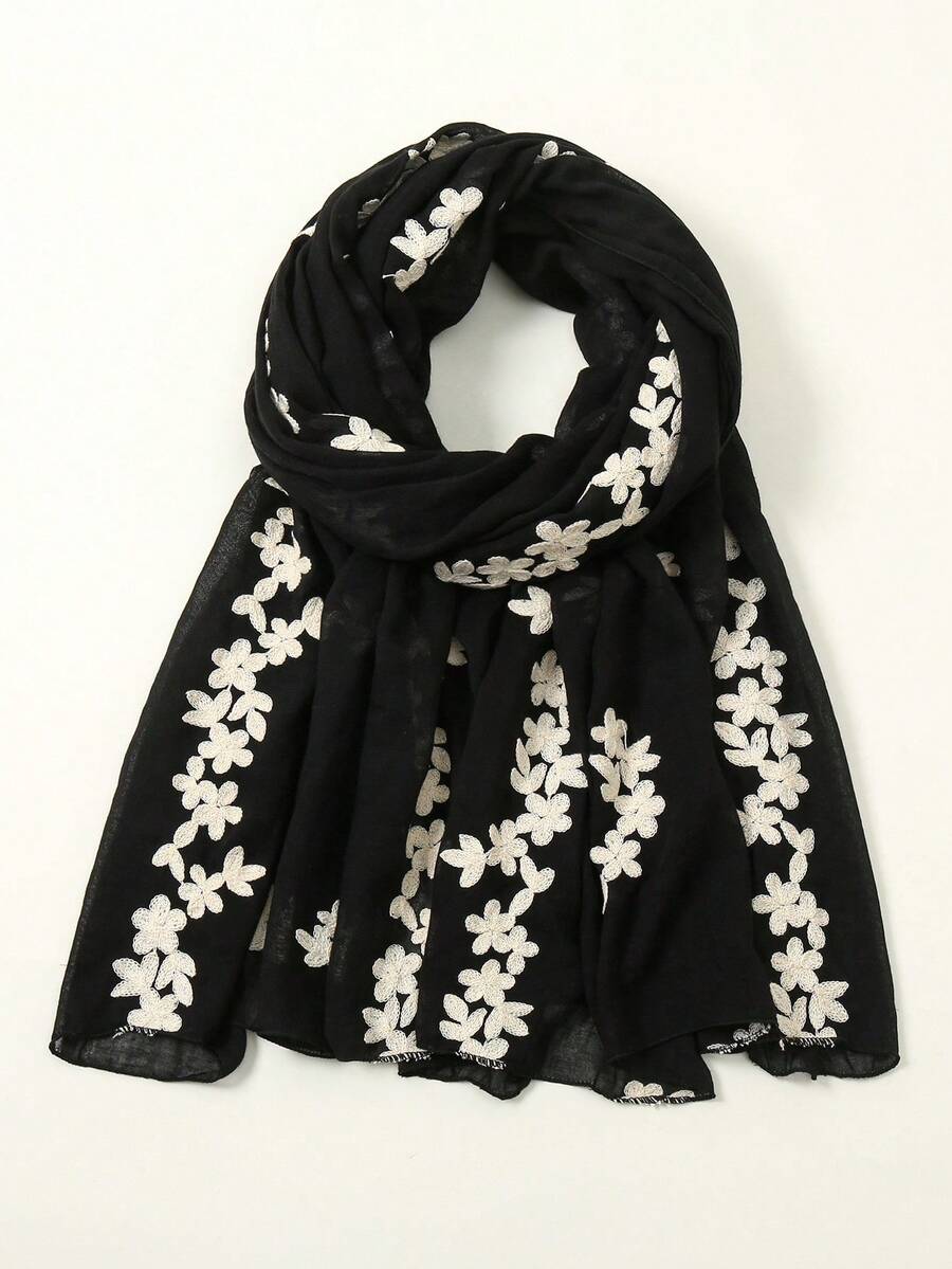 1件裝女款刺繡花卉頭巾,希賈布圍巾,春夏/秋冬新款刺繡圍巾,透氣舒適頭巾,優雅溫柔極簡風披肩,休閒百搭適合日常穿著的希賈布配件,可作為假期禮物送給家人、姊妹、母親的女性頭巾(產品材質可能有所不同,請參考實際產品) - 黑色 - 查看 1