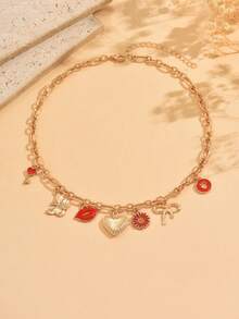 1pc Summer Sweet Charm Collocation Pendant Necklace, Alloy Heart & Crystal Butterfly Flower Pendant Necklace, Versatile For Daily, Date Party Wear - Multicolor - View 3