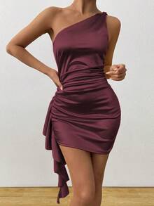 1pc Women's Fashion Tube Backless Frill Ruched Bodycon Dress, Sexy Mini Dress Suitable For Bar, Party, Holiday Elegant Summer - Maroon - View 3
