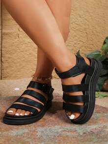 Women's Minimalist Thick Sole Sandals With Strap Square Buckle, Plus Size Mom Casual Sandals, Student Soft Sole Comfortable Platform Design Open Toe Flat Shoes, Summer Retro Elegant Versatile Casual Beach Comfortable Sporty Workwear Style Fashion Outing - Black - View 6