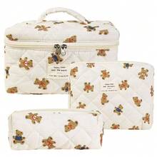 3pcs Makeup Bag Quilted Cosmetic Bag Silk Ribbon Large Floral Make Up Bag For Women Bow Cotton Makeup Bag Set Flower Travel Toiletry Bag - 卡其色 - 查看 2