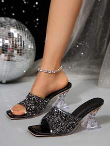 Damen neue Sommer High Heel Pantoletten, schwarze Kristall & Pailletten Dekor High Heels, modische asymmetrische Kristall Absatz Sandalen, geeignet für verschiedene Anlässe wie Valentinstag - Schwarz - Übersicht 4