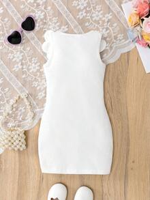 年轻女孩时尚休闲针织纯色条纹3D花卉领腰部紧身连衣裙，夏季 - 白色 - 查看 4