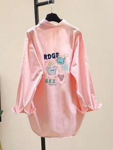 Áo sơ mi polyester in chữ hình động vật, cúc bất đối xứng, kiểu dáng dễ thương, thích hợp mặc hàng ngày và các dịp lễ hội, màu hồng cho mùa xuân/hè/thu/đông. - Hồng - Xem 1