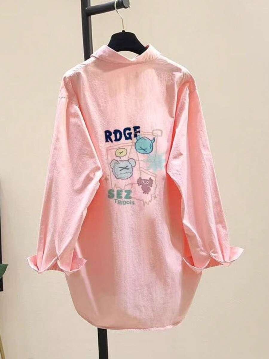 Áo sơ mi polyester in chữ hình động vật, cúc bất đối xứng, kiểu dáng dễ thương, thích hợp mặc hàng ngày và các dịp lễ hội, màu hồng cho mùa xuân/hè/thu/đông. - Hồng - Xem 1