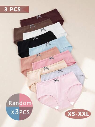 3条装随机颜色女士内裤，可爱蝴蝶结设计，简约纯色，透气中腰三角裤