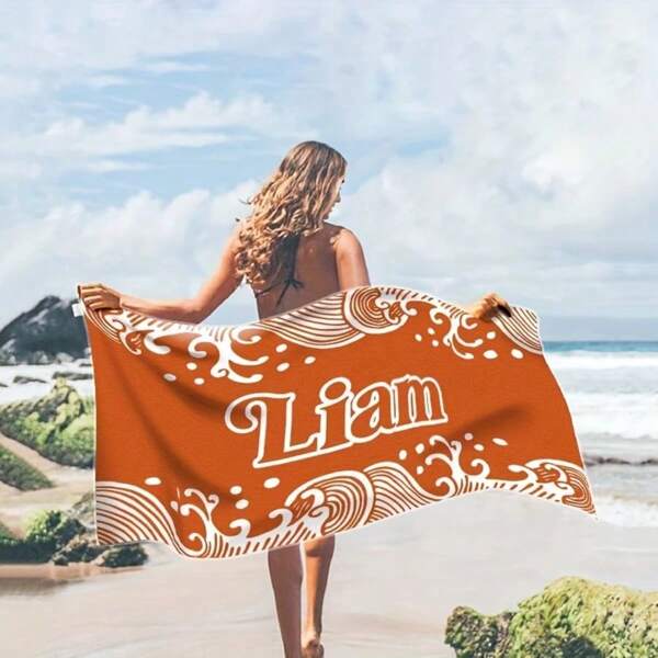 Customized Wave Name Design Microfiber Beach Towel - Quick Drying, Lightweight And Sand-Proof - Fashionable Oversized Blanket Suitable For Travel, Swimming Pool, Bathing, Camping - Perfect Gift Choice With Delicate Wave Pattern