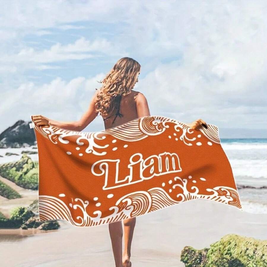 Customized Wave Name Design Microfiber Beach Towel - Quick Drying, Lightweight And Sand-Proof - Fashionable Oversized Blanket Suitable For Travel, Swimming Pool, Bathing, Camping - Perfect Gift Choice With Delicate Wave Pattern