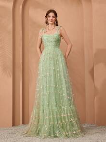 Mgiacy,New Arrival,Embroidery ,Elegant,Bridesmaid Dress,Bow,Flounce,Ruffle,Long Dress,FOR,Wedding Guest - Green - View 1