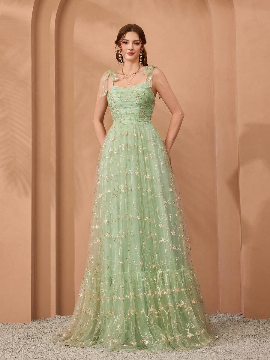 Mgiacy,New Arrival,Embroidery ,Elegant,Bridesmaid Dress,Bow,Flounce,Ruffle,Long Dress,FOR,Wedding Guest - Green - View 1