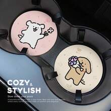 2PCS Cute Line Puppy Car Interior Decoration Car Cup Mat Car Goods Water Cup Mat High Beauty Car Interior Accessories Couple